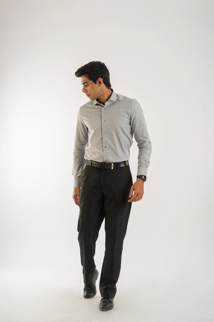 Giza Cotton Silver Grey Textured Plaid Long Sleeve Shirt for Men