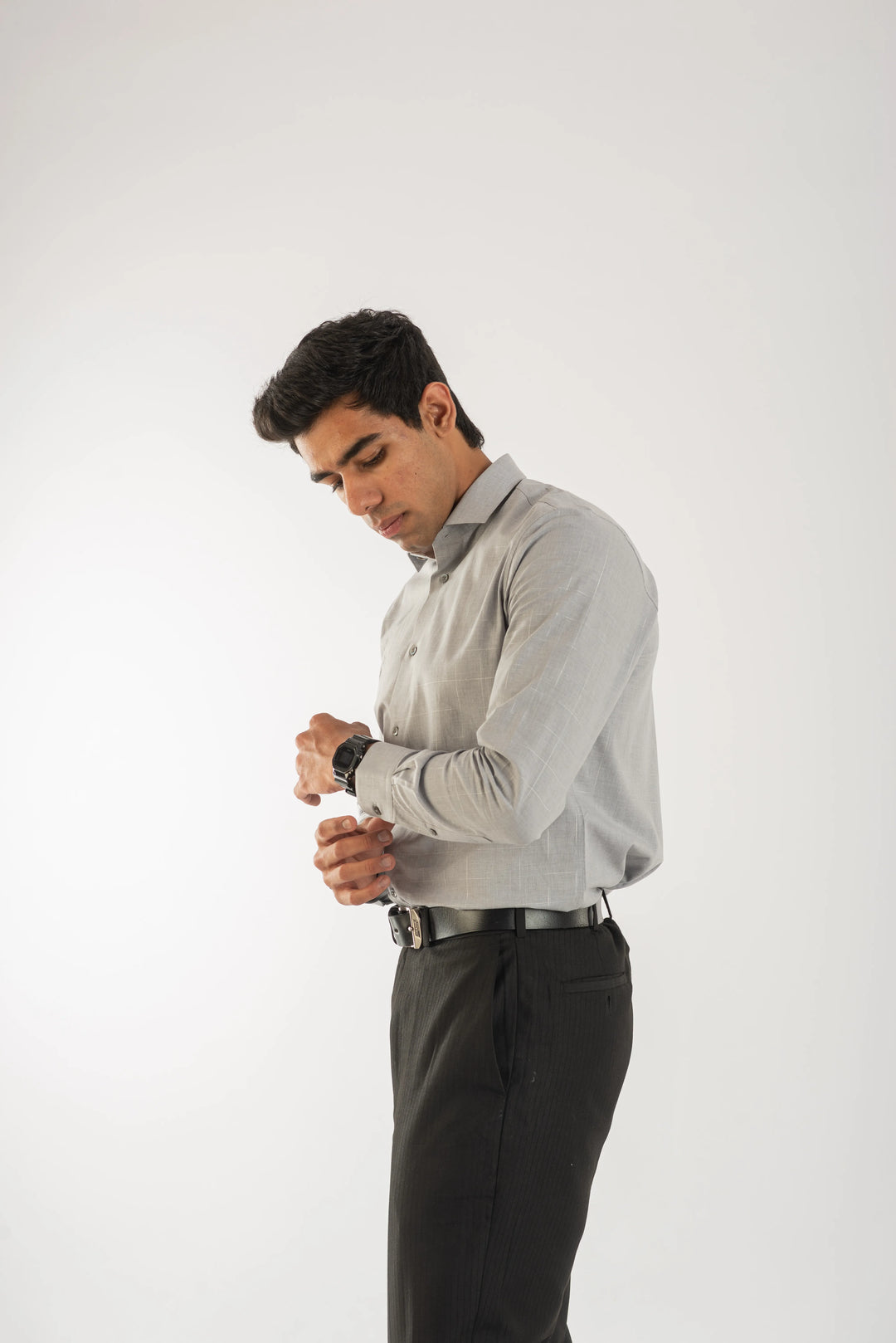 Giza Cotton Silver Grey Textured Plaid Long Sleeve Shirt for Men