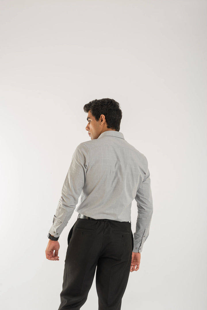 Giza Cotton Silver Grey Textured Plaid Long Sleeve Shirt for Men