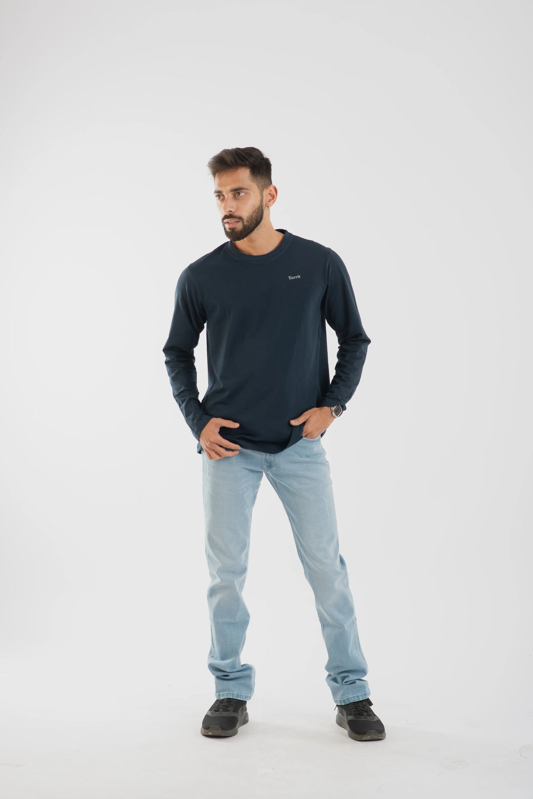 Cotton Spandex Jersey Navy Long Sleeve T Shirt for Men
