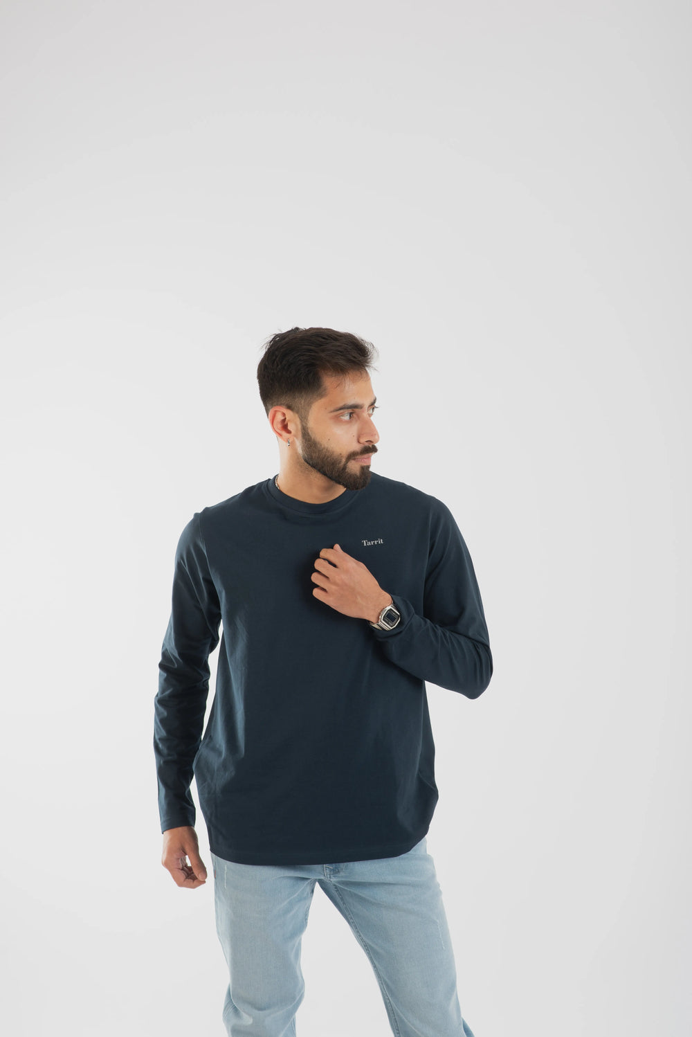 Cotton Spandex Jersey Navy Long Sleeve T Shirt for Men
