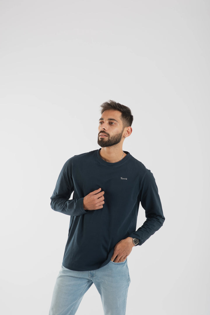 Cotton Spandex Jersey Navy Long Sleeve T Shirt for Men