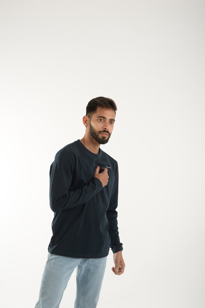 Cotton Spandex Jersey Navy Long Sleeve T Shirt for Men