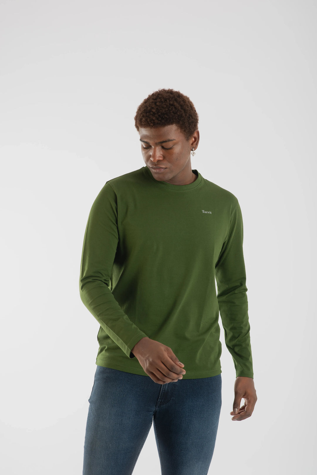 Cotton Spandex Jersey Olive Green Long Sleeve T Shirt Men