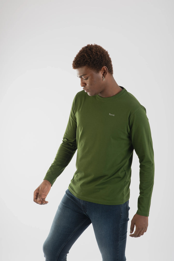 Cotton Spandex Jersey Olive Green Long Sleeve T Shirt Men