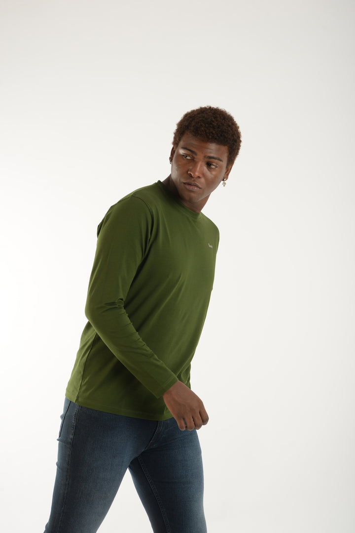 Cotton Spandex Jersey Olive Green Long Sleeve T Shirt Men