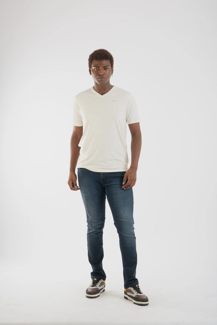 Cotton Spandex Jersey White Short Sleeve V-Neck