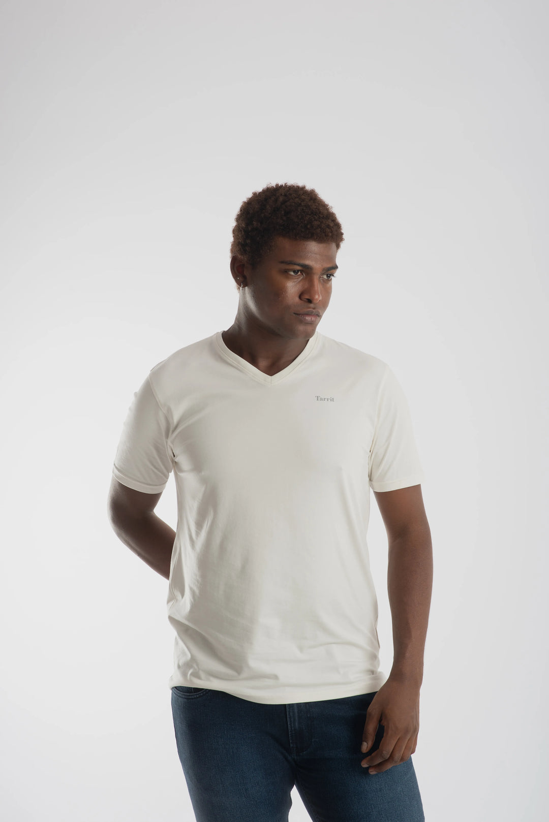 Cotton Spandex Jersey White Short Sleeve V-Neck Shirt for Men