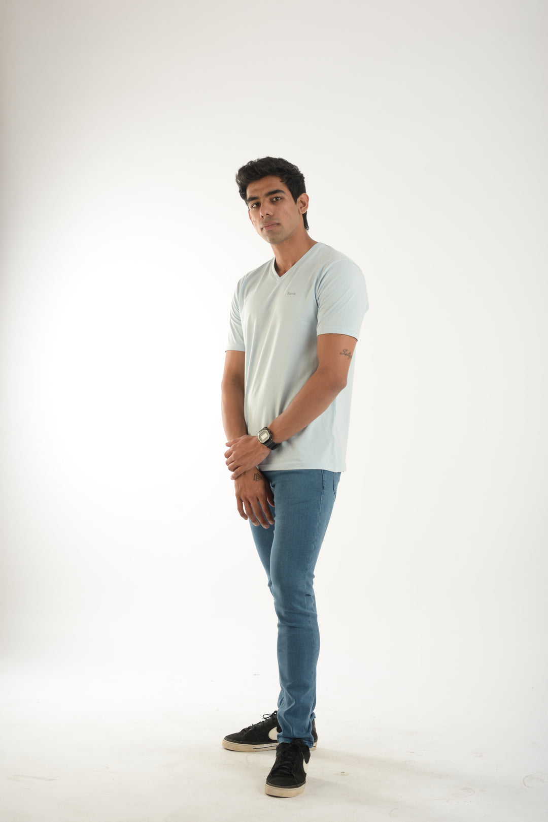 Cotton Spandex Jersey Light Blue Short Sleeve V Neck Shirt for Men