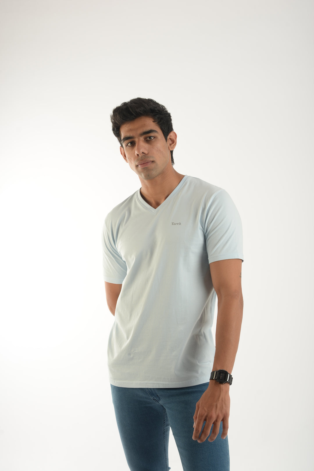 Cotton Spandex Jersey Light Blue Short Sleeve V Neck Shirt for Men
