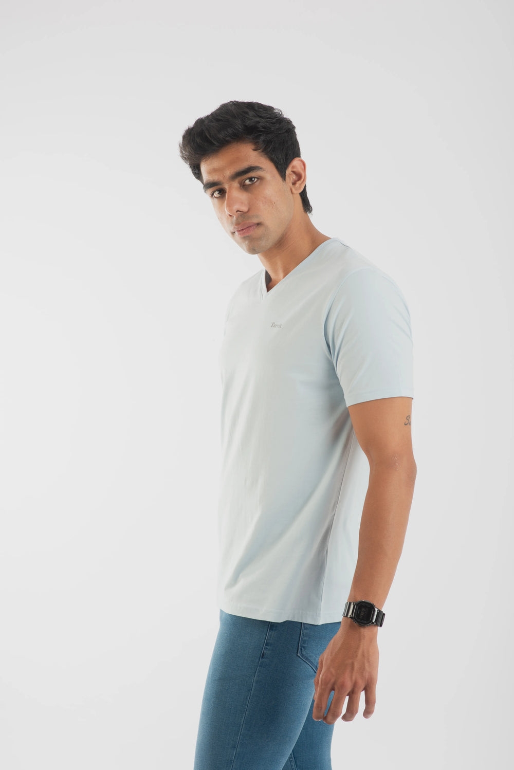 Cotton Spandex Jersey Light Blue Short Sleeve V Neck Shirt for Men