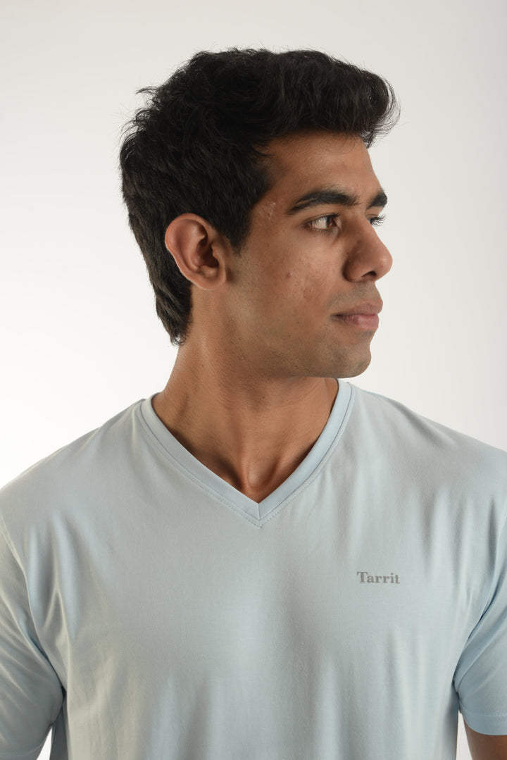 Cotton Spandex Jersey Light Blue Short Sleeve V-Neck