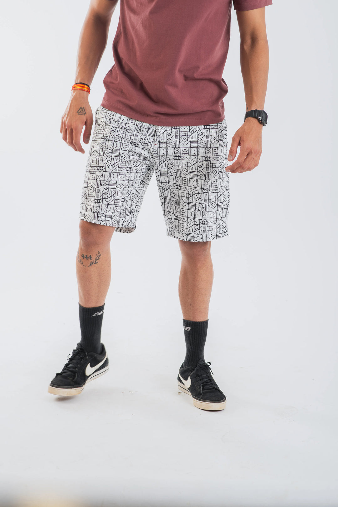 Cotton Ecru Black Geometric Printed Woven Shorts for Men