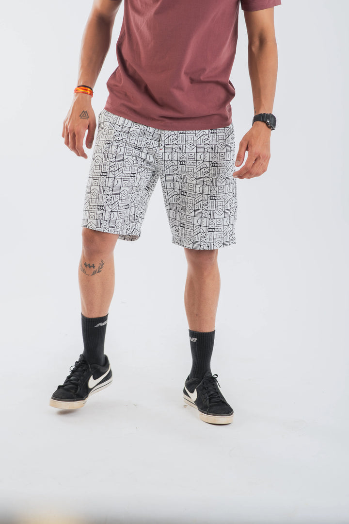 Cotton Ecru Black Geometric Printed Woven Shorts for Men