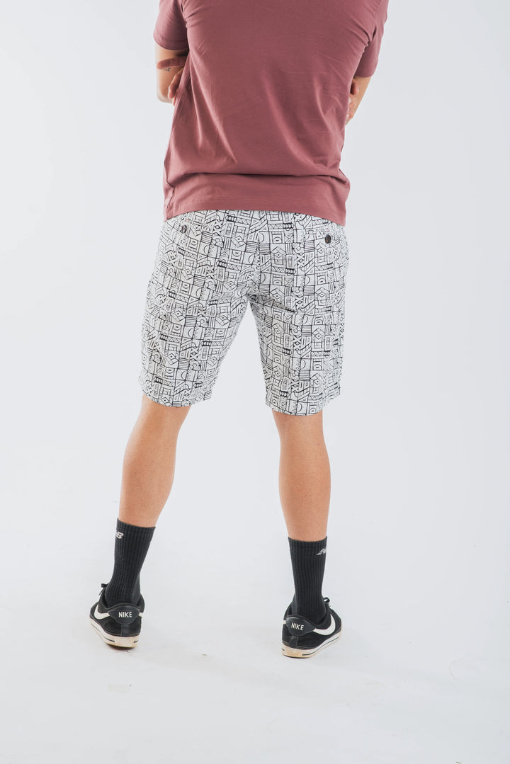 Cotton Ecru Black Geometric Printed Woven Shorts for Men