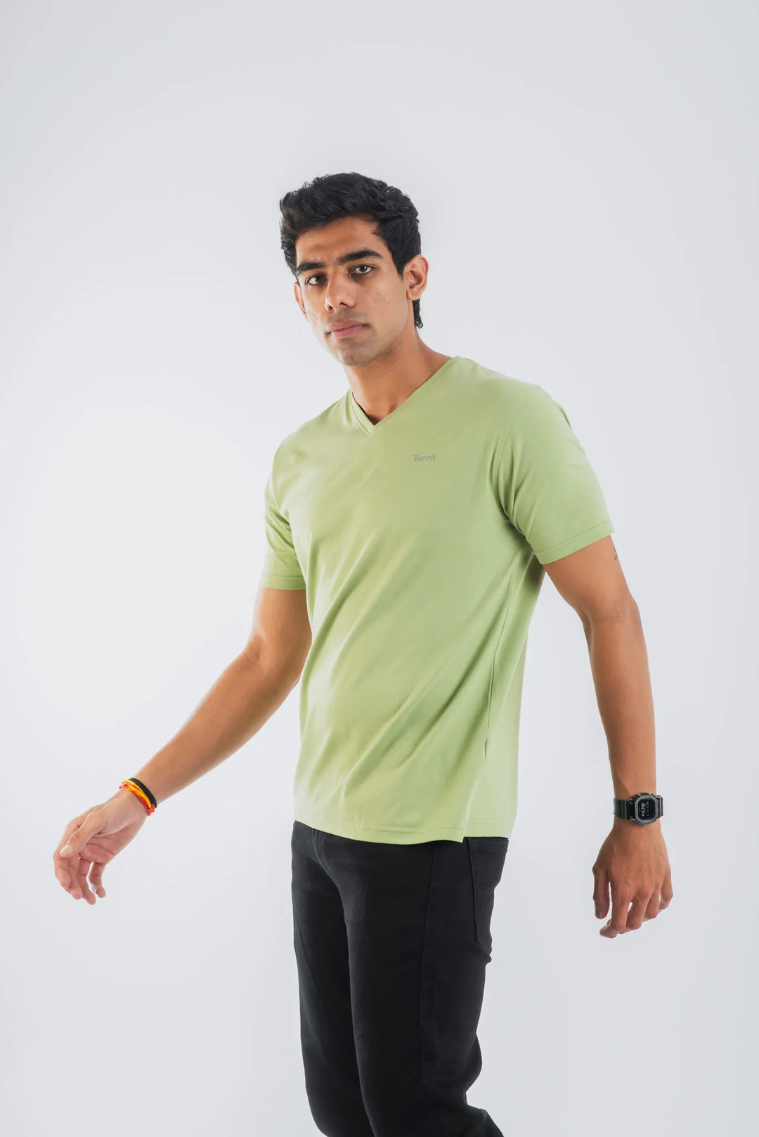 Cotton Spandex Jersey Mint Green Short Sleeve V-Neck for Men