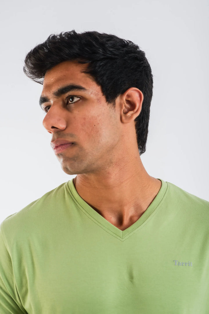 Cotton Spandex Jersey Mint Green Short Sleeve V-Neck for Men