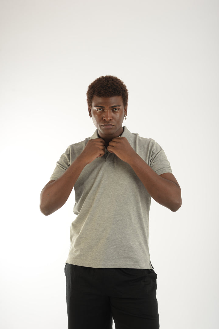 Cotton Grey Melange Mercerised Short Sleeve Polo T Shirt