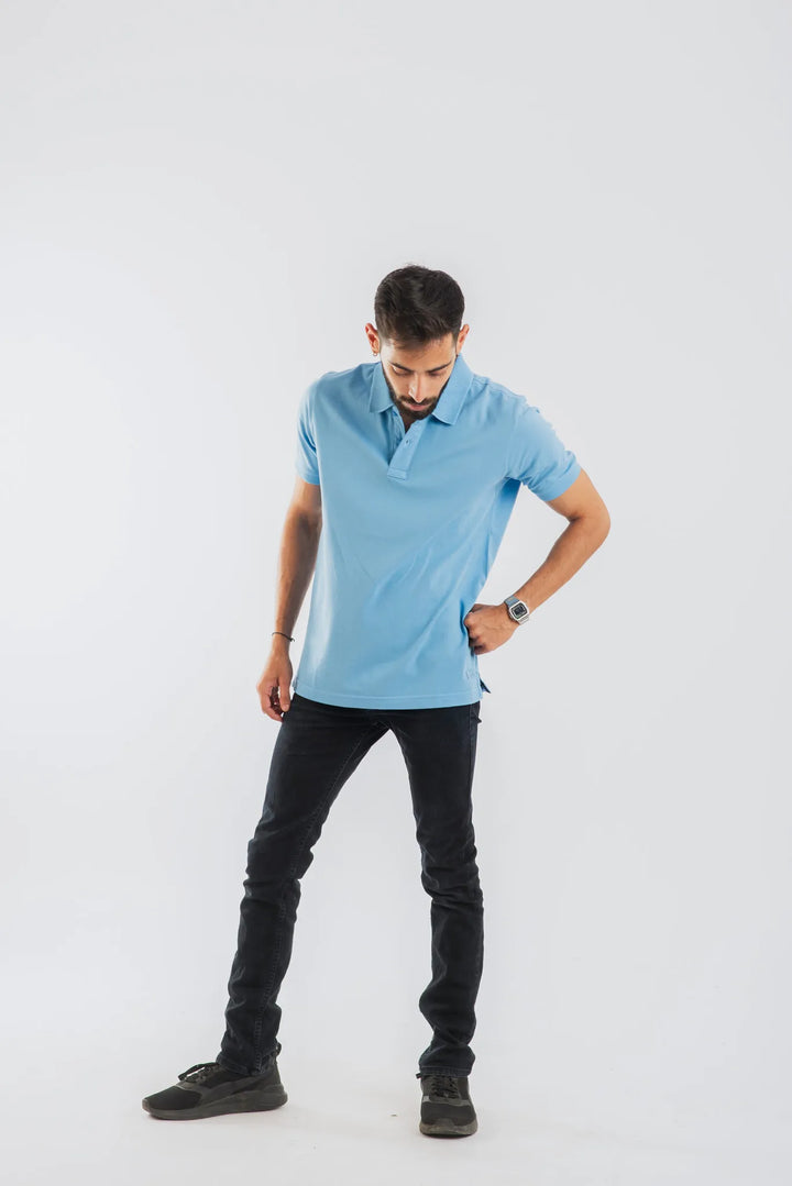 Cotton Sky Blue Mercerised Short Sleeve Polo T Shirt for Men