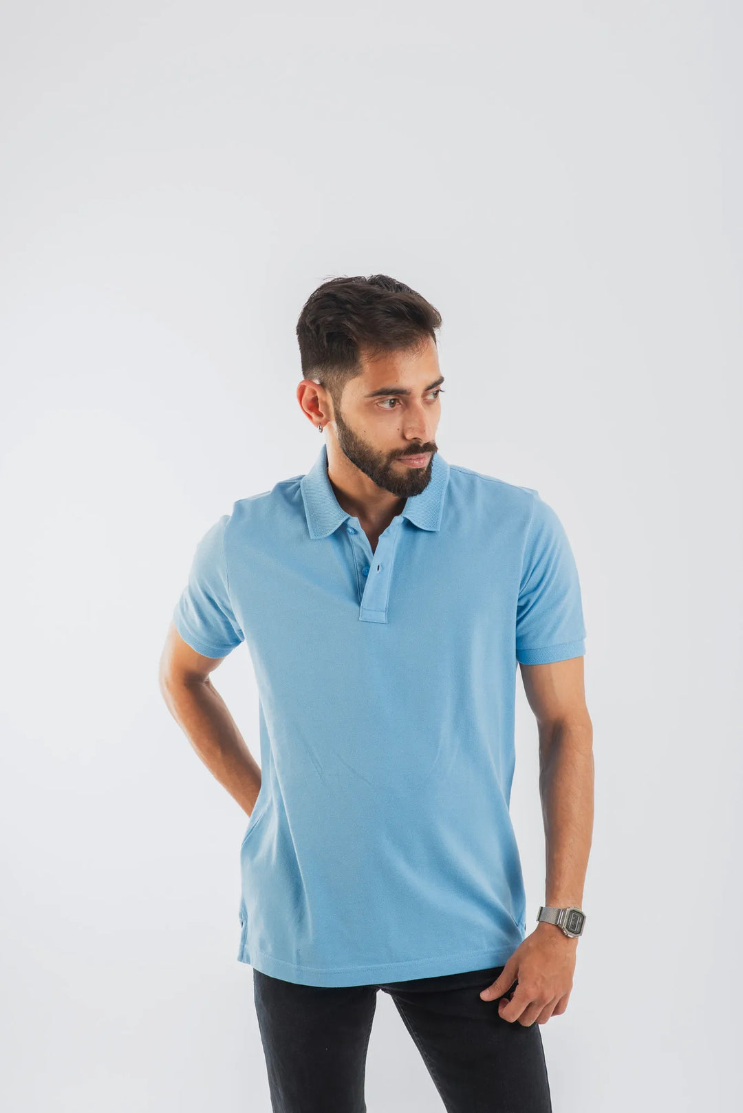 Cotton Sky Blue Mercerised Short Sleeve Polo T Shirt for Men