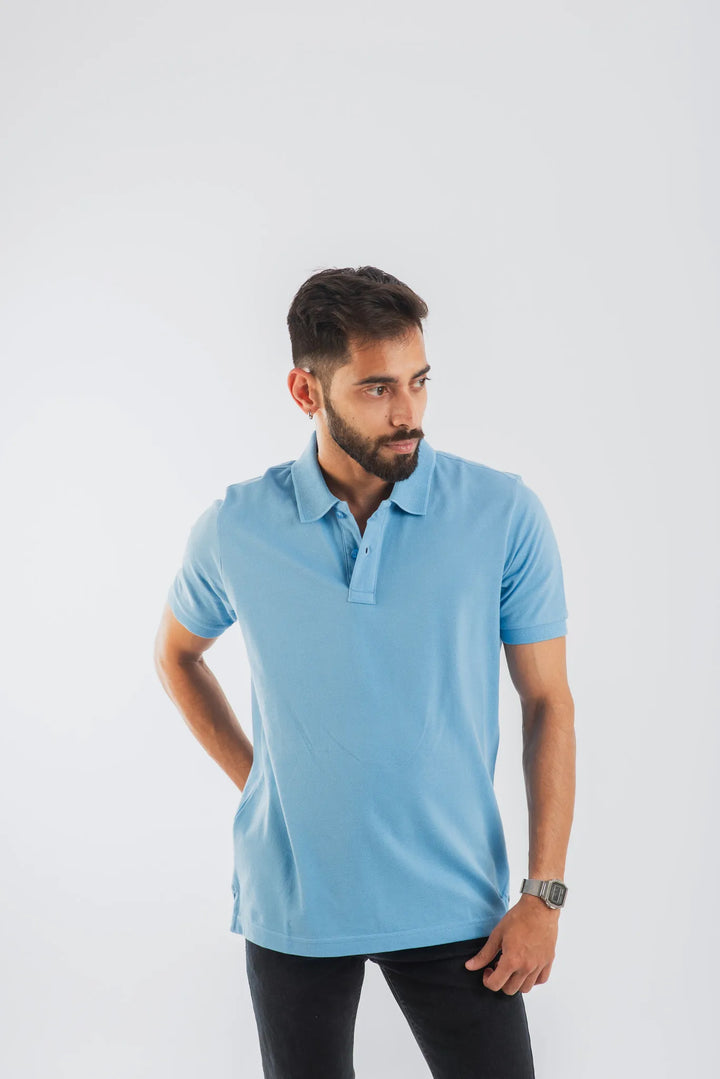 Cotton Sky Blue Mercerised Short Sleeve Polo T Shirt for Men