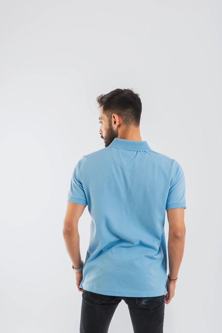 Cotton Sky Blue Mercerised Short Sleeve Polo T Shirt for Men