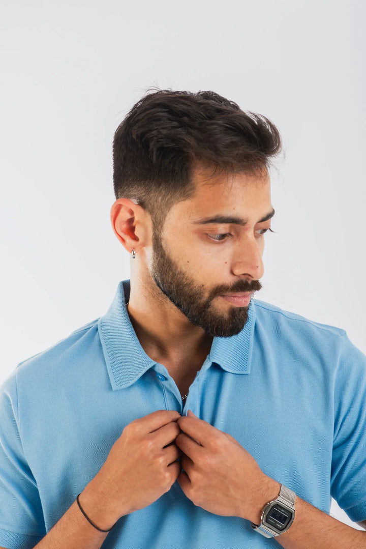 Cotton Sky Blue Mercerised Short Sleeve Polo T Shirt for Men