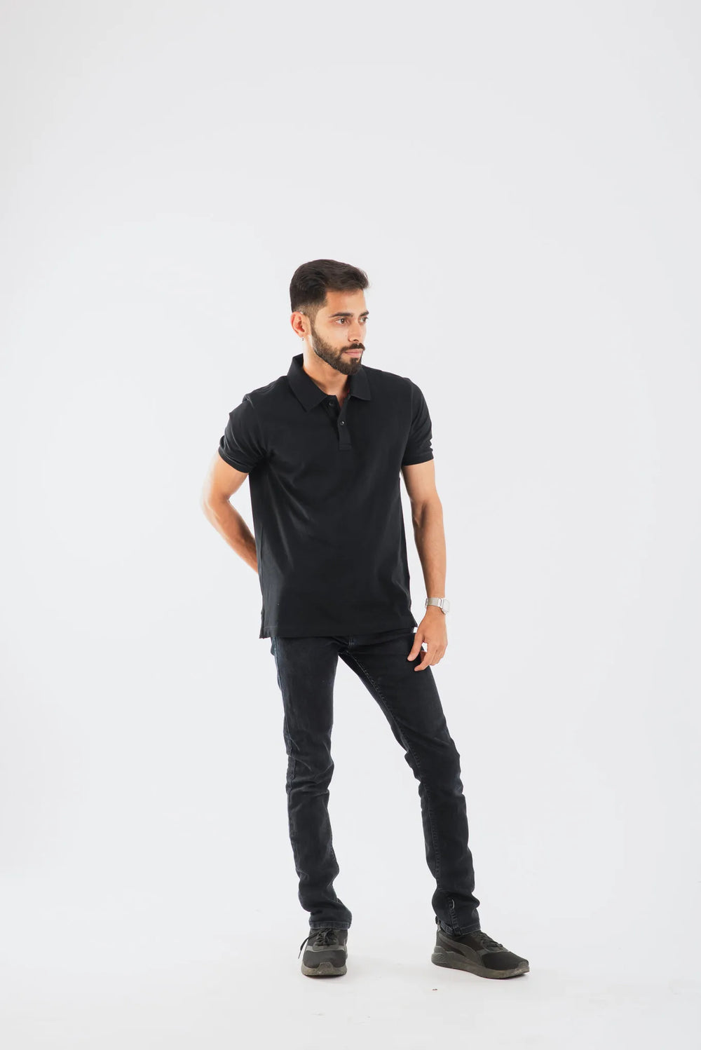 Cotton Black Mercerised Short Sleeve Polo T Shirt for Men