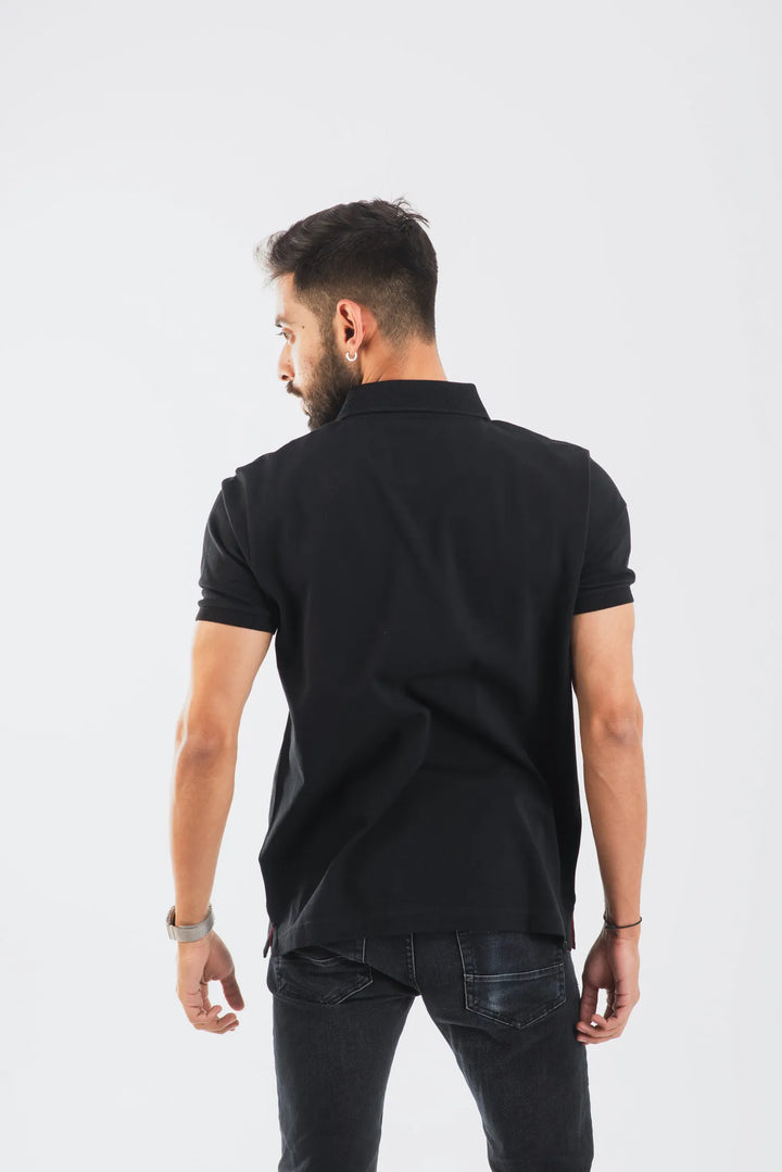 Cotton Black Mercerised Short Sleeve Polo T Shirt for Men