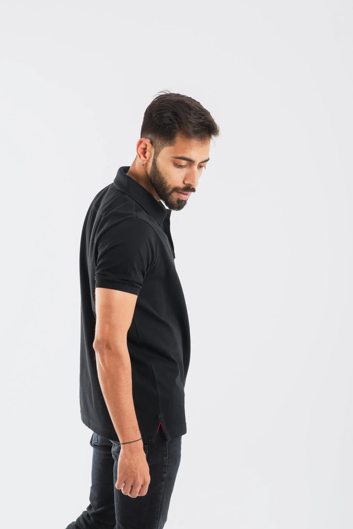 Cotton Black Mercerised Short Sleeve Polo T Shirt for Men