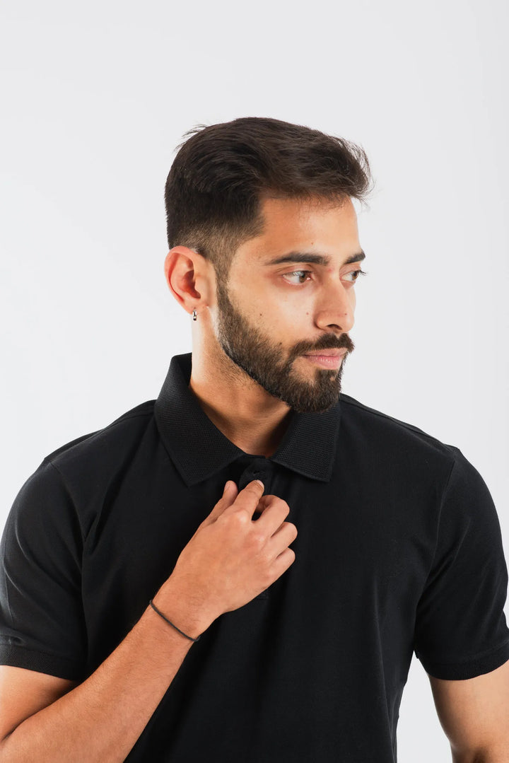 Cotton Black Mercerised Short Sleeve Polo T Shirt for Men