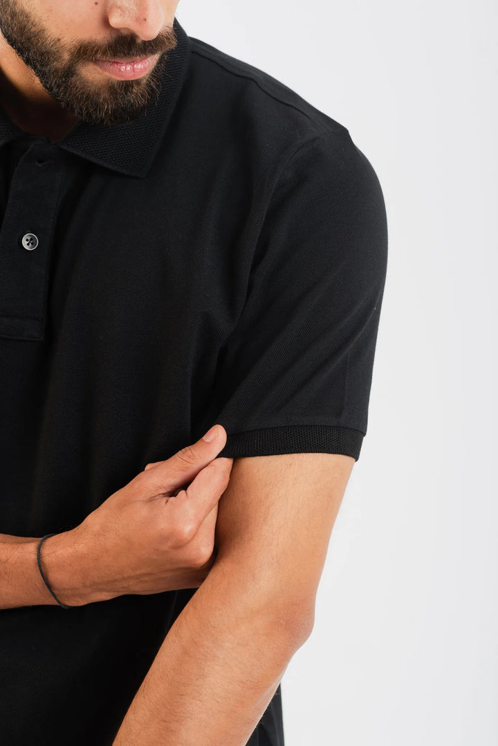 Cotton Black Mercerised Short Sleeve Polo T Shirt for Men