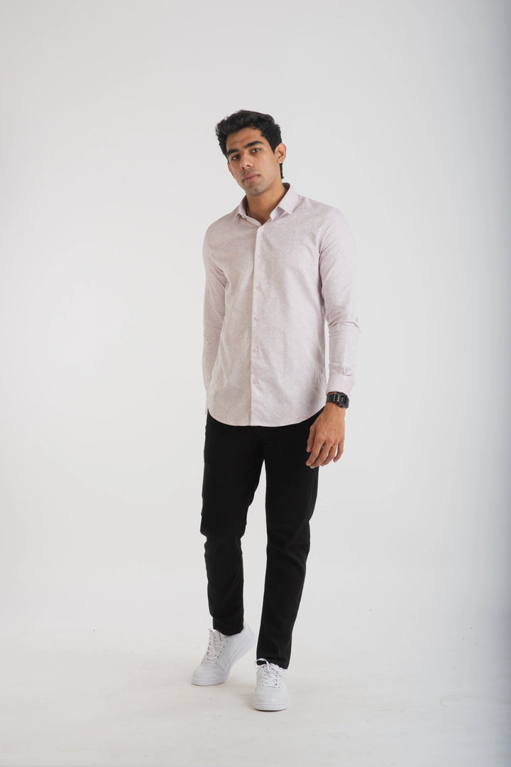 Giza Cotton Light Pink Textured Long Sleeve Shirt for Men