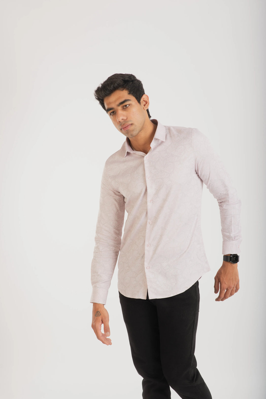 Giza Cotton Light Pink Textured Long Sleeve Shirt for Men
