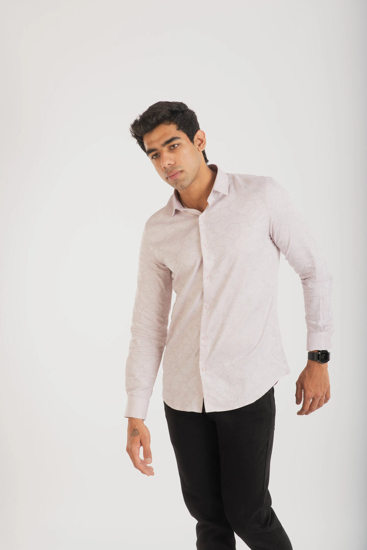 Giza Cotton Light Pink Textured Long Sleeve Shirt for Men