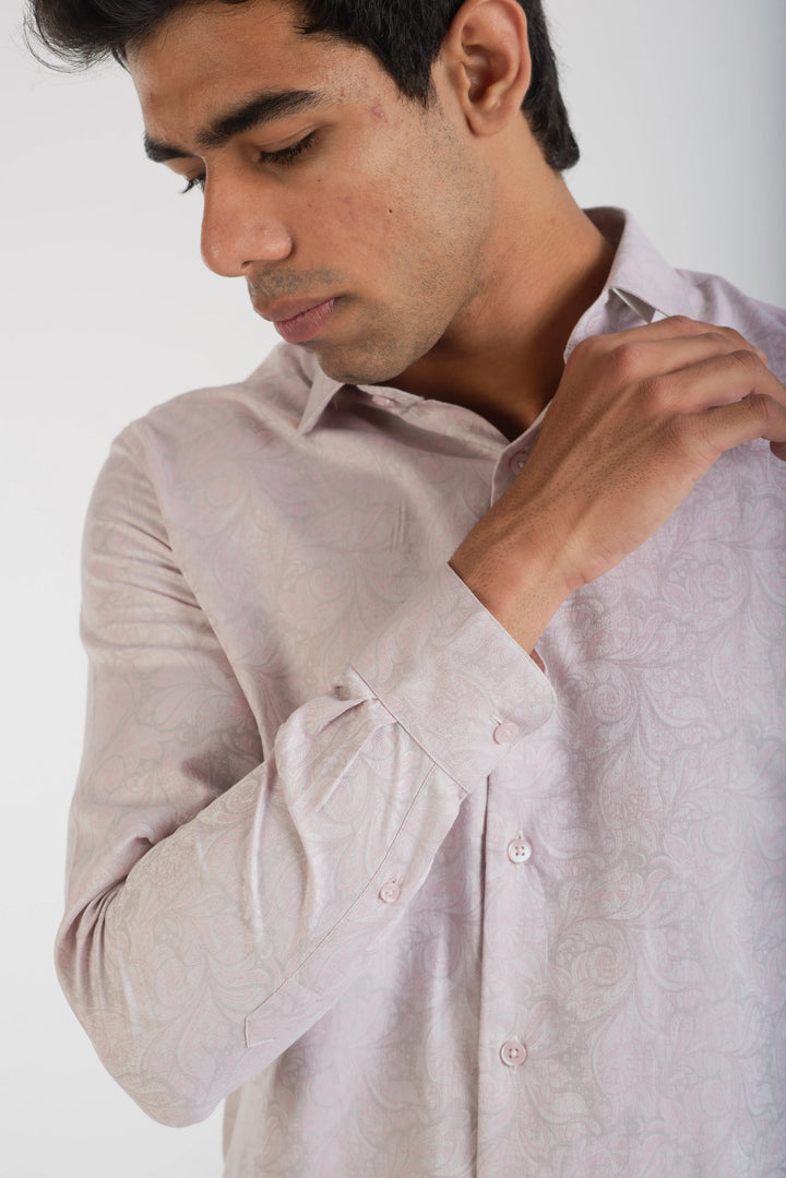 Giza Cotton Light Pink Textured Long Sleeve Shirt for Men