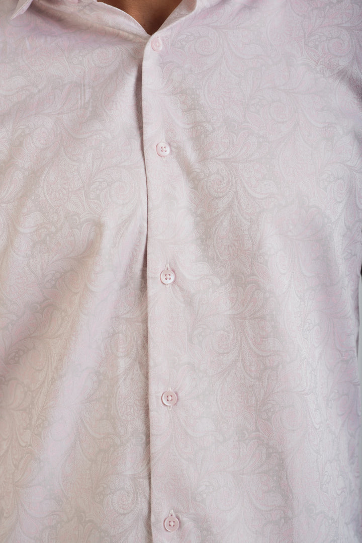 Giza Cotton Light Pink Textured Long Sleeve Shirt for Men
