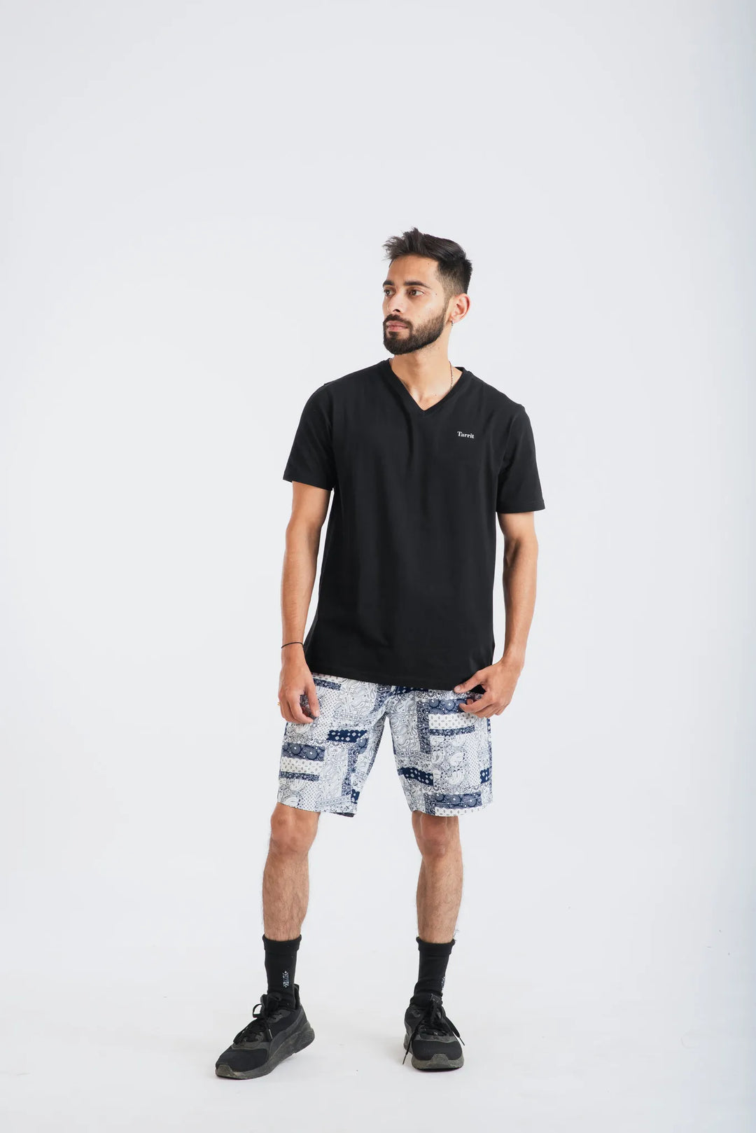Cotton Spandex Jersey Black Short Sleeve V-Neck for Men