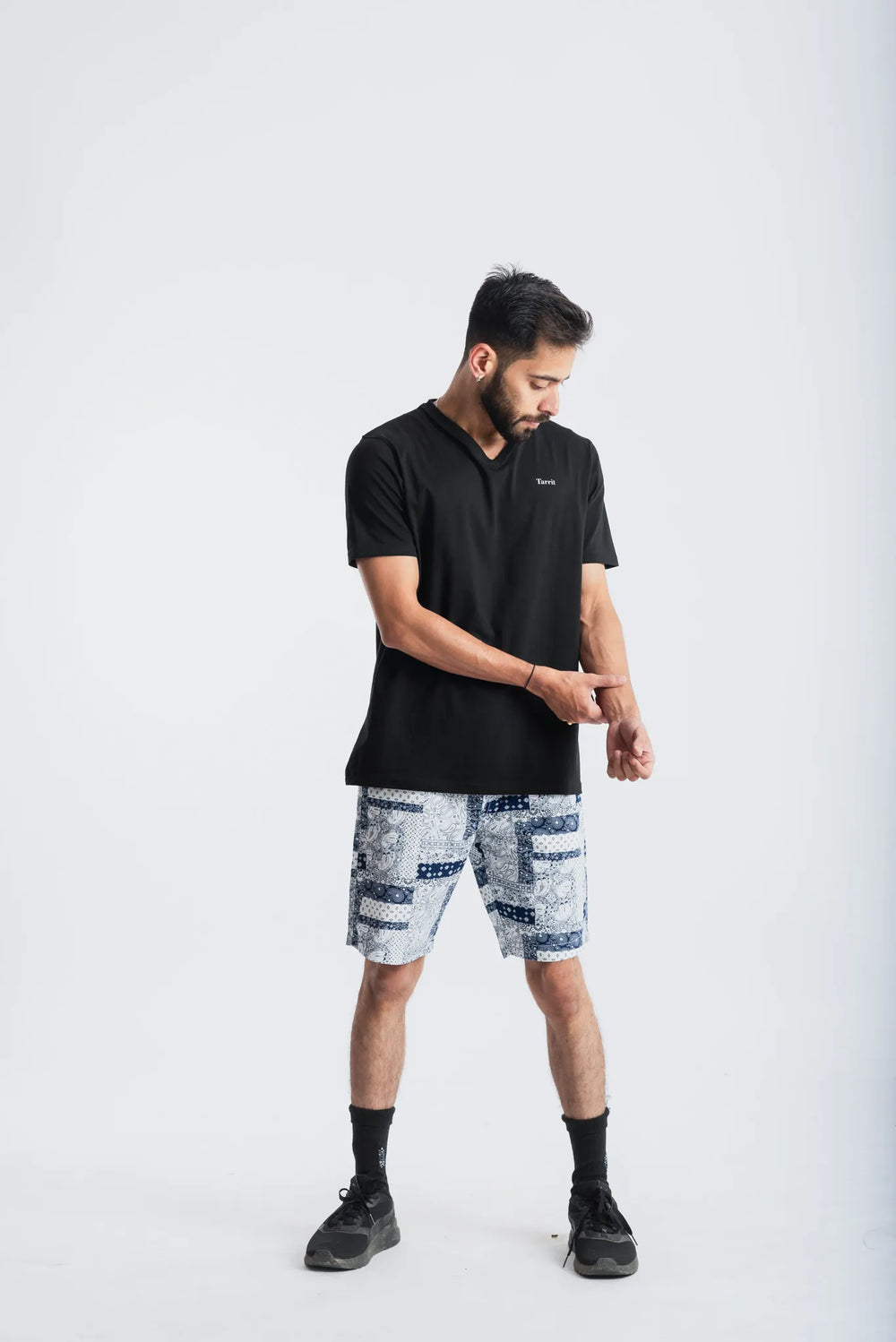 Cotton Spandex Jersey Black Short Sleeve V-Neck for Men