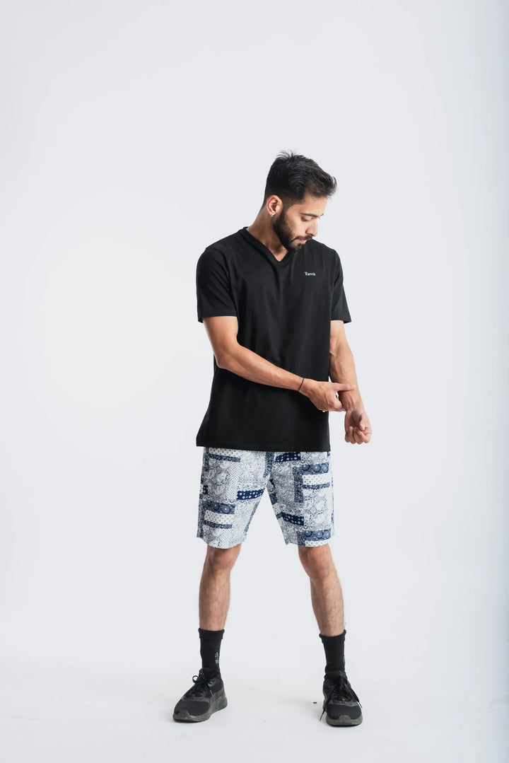 Cotton Spandex Jersey Black Short Sleeve V-Neck for Men
