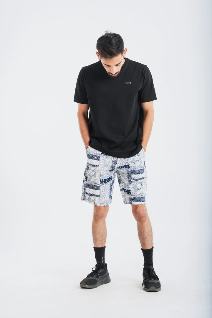 Cotton White Navy Geometric Print Woven Shorts