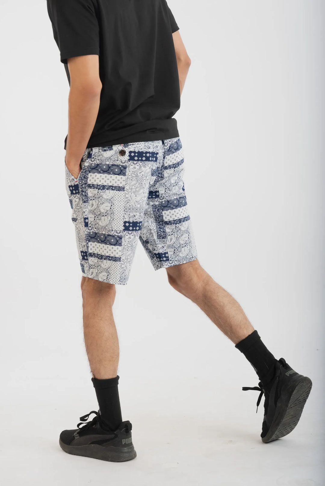Cotton White Navy Geometric Print Woven Shorts