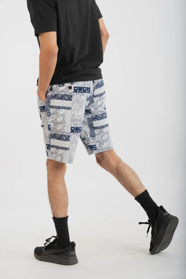 Cotton White Navy Geometric Print Woven Shorts