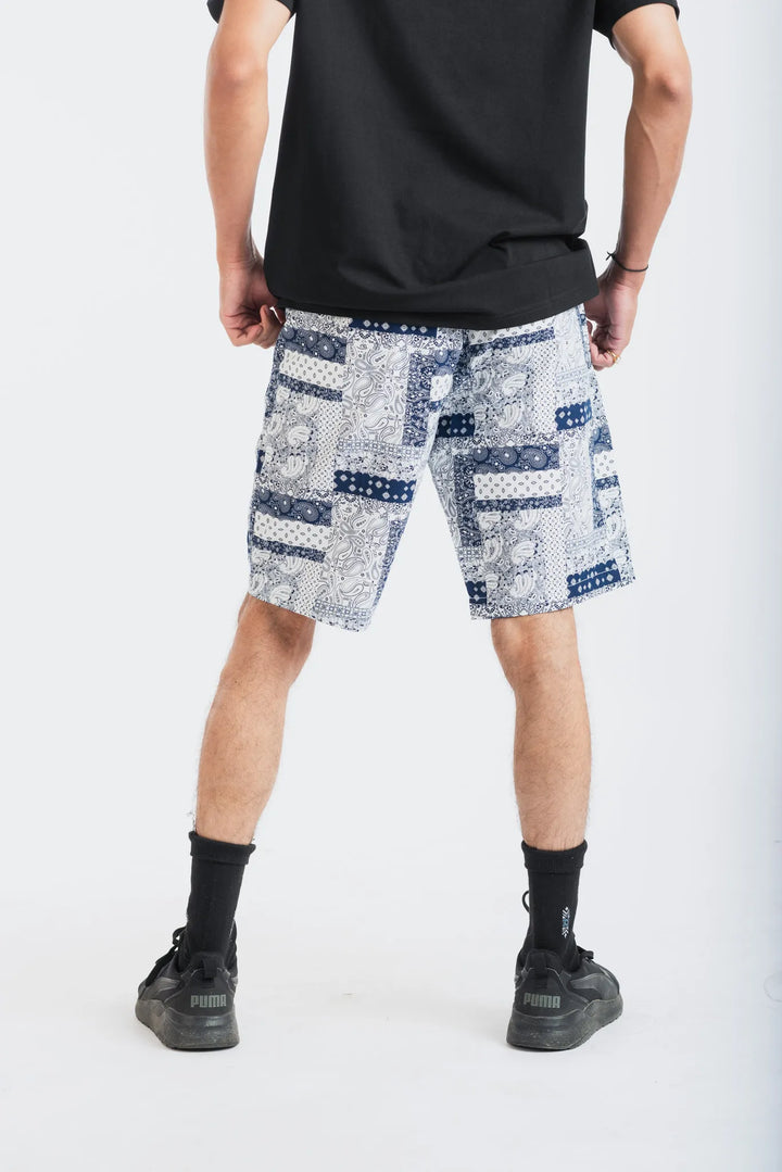 Cotton White Navy Geometric Print Woven Shorts