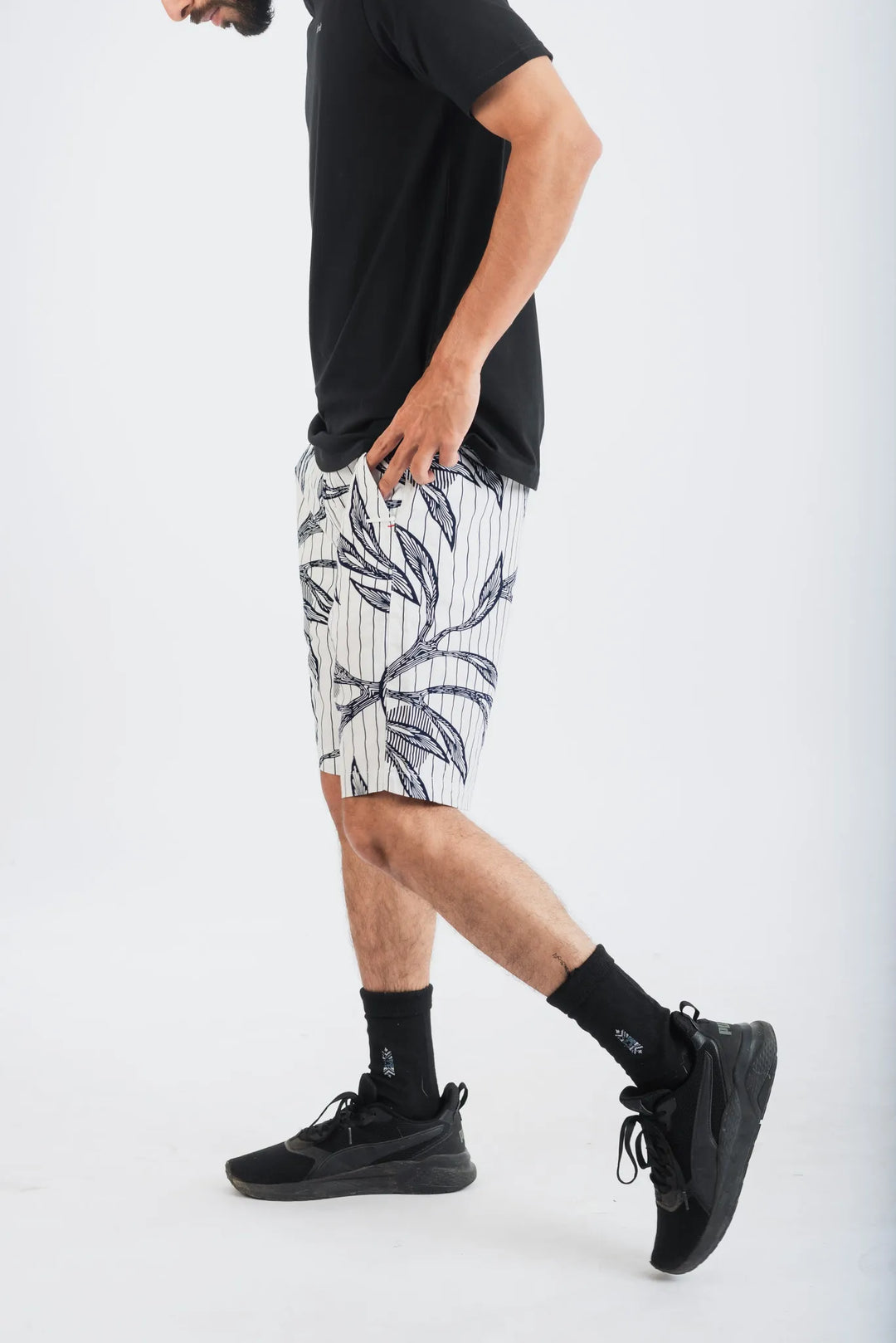 Cotton White Tail Leaf Printed Woven Shorts for Men