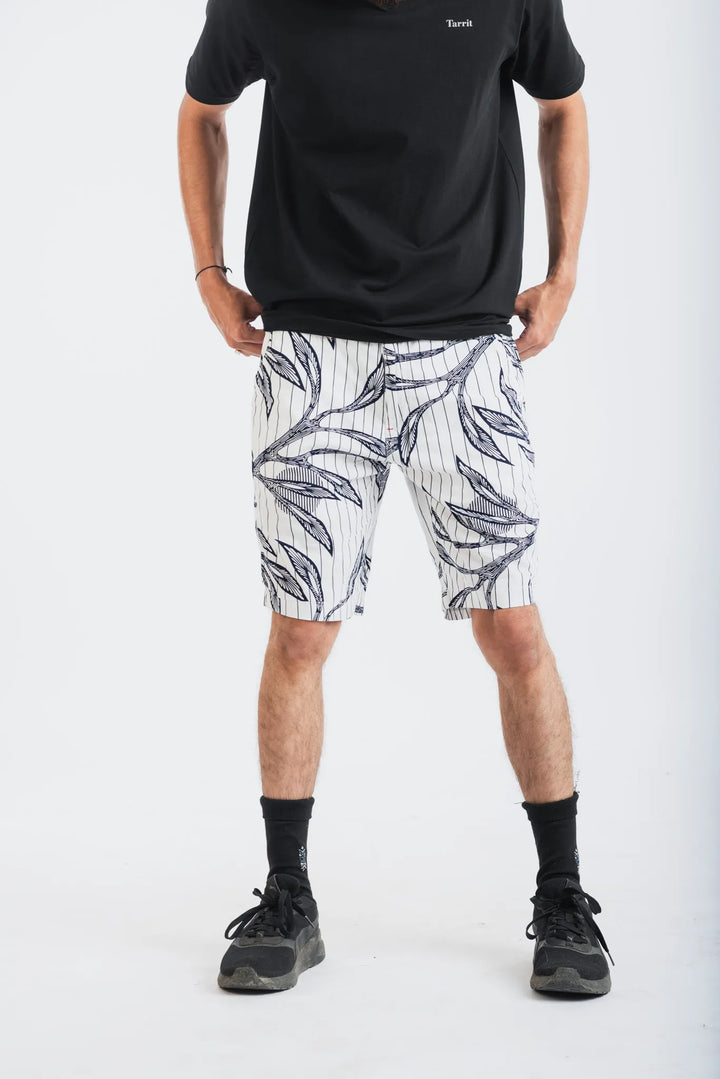 Cotton White Tail Leaf Printed Woven Shorts for Men