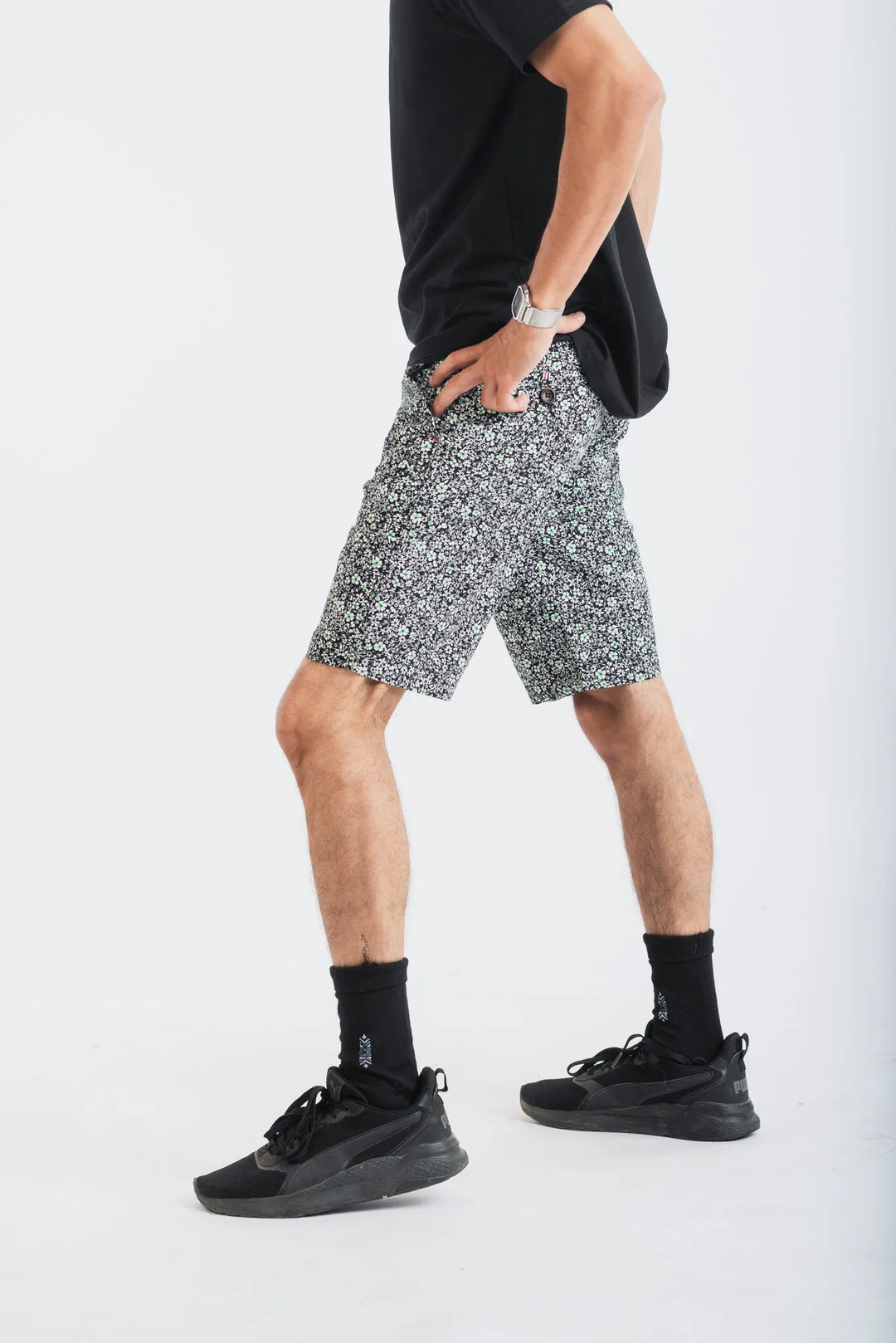 Cotton Black Floral Printed Woven Shorts for Men