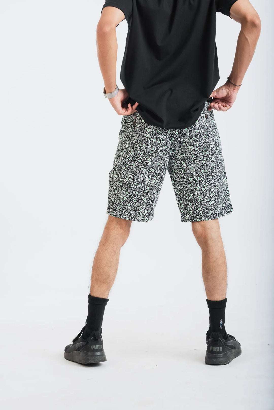 Cotton Black Floral Printed Woven Shorts for Men