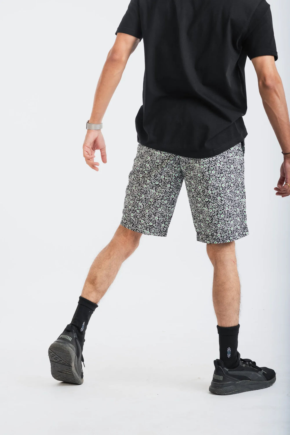 Cotton Black Floral Printed Woven Shorts for Men