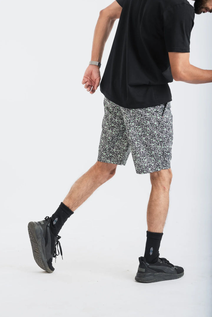 Cotton Black Floral Printed Woven Shorts for Men